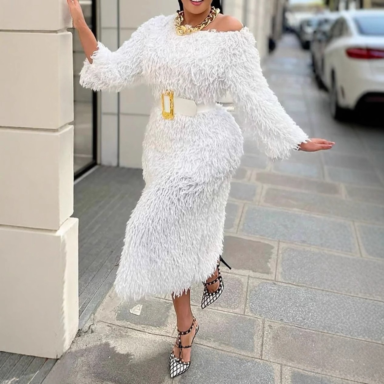 Off White Belt - Winter Evening Dress Woman Long Sleeve