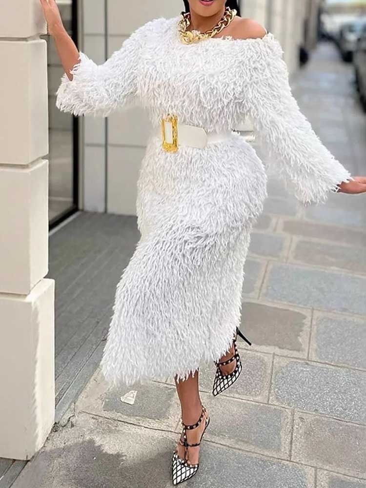 Winter Evening Dress Woman Lon - Off White Belt ulasan dan harga