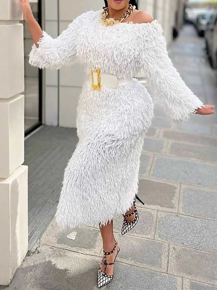 Winter Evening Dress Woman Lon - Off White Belt ulasan dan harga